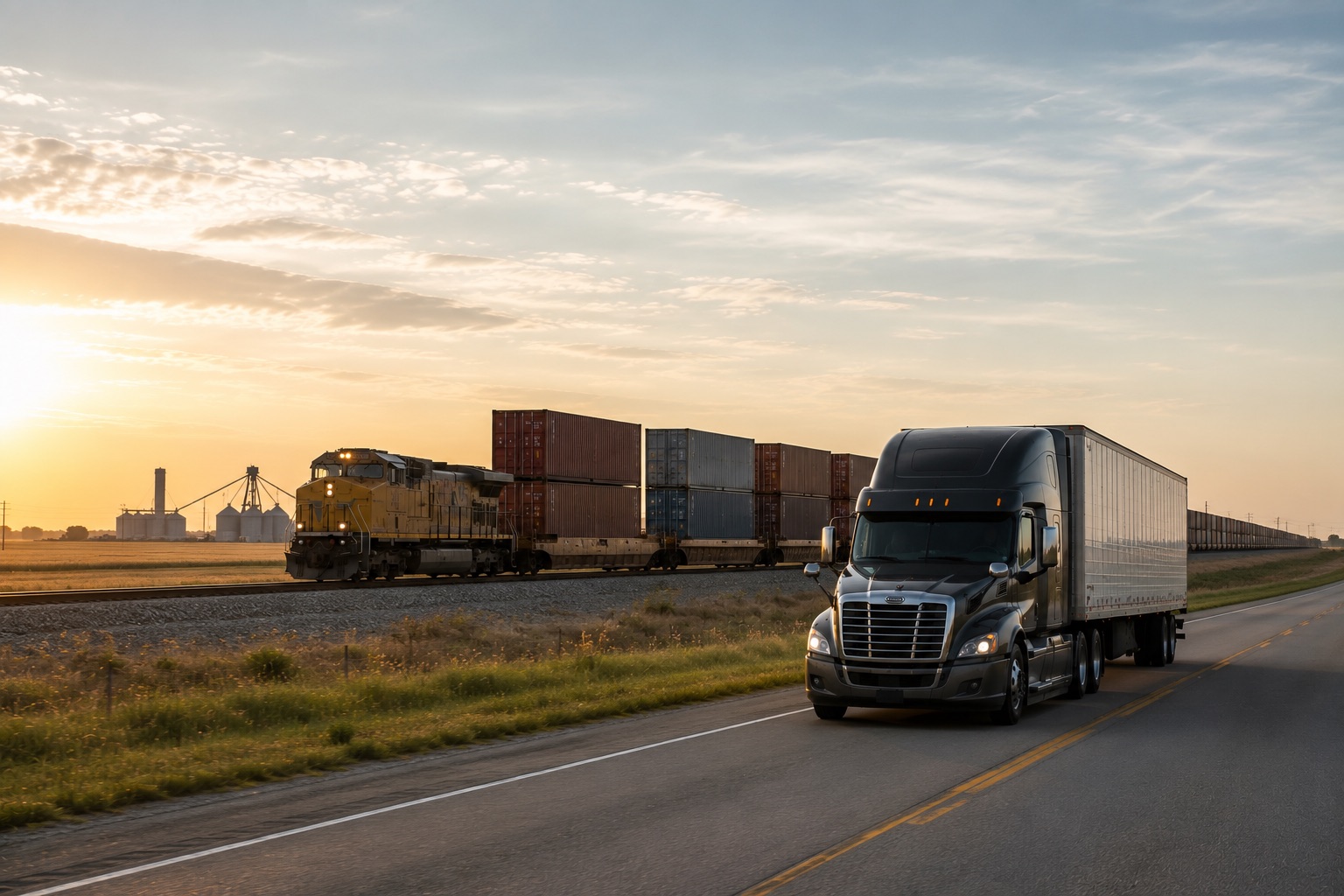 A dry van tractor-trailer at sunrise with a double-stack container train in the background