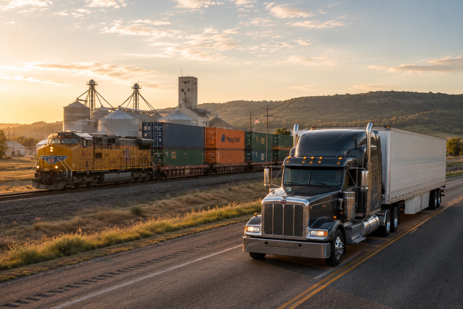 An intermodal container train passing grain elevators at dusk while a tractor-trailer runs the parallel highway