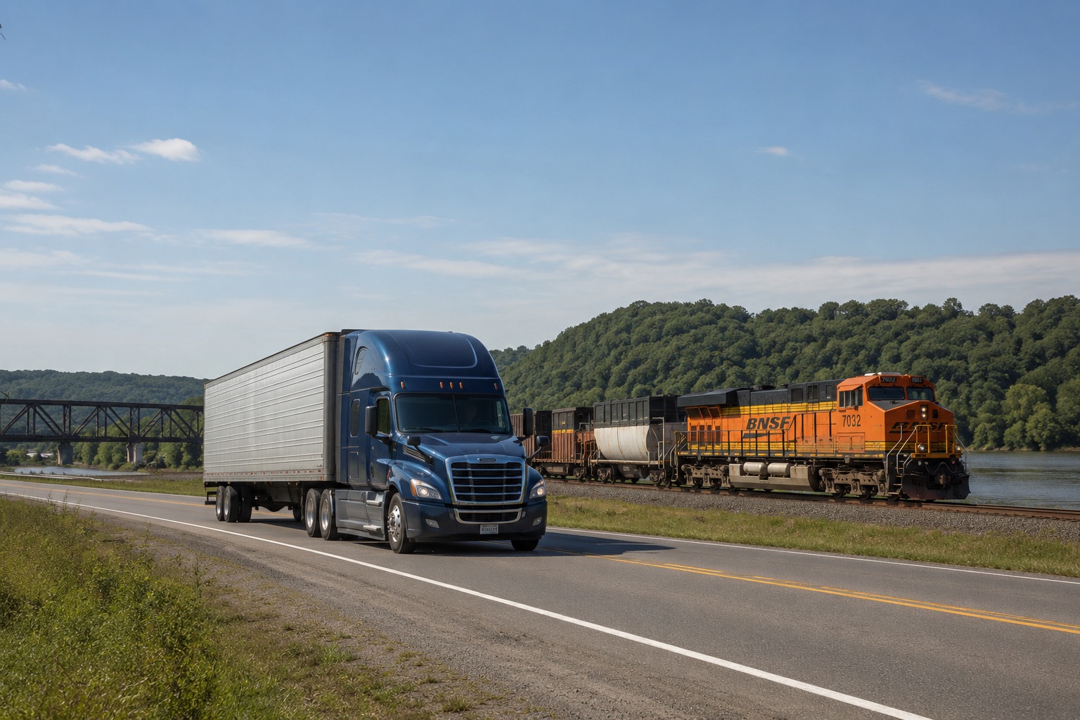 A tractor-trailer on a two-lane highway running beside a freight train along a river