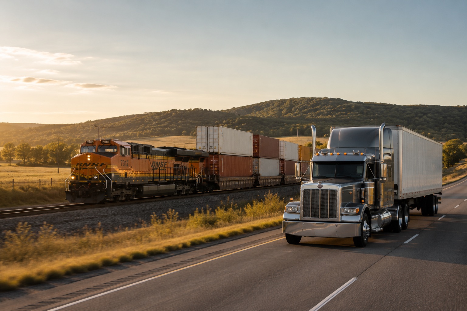 A tractor-trailer and an intermodal freight train moving side by side through golden hills